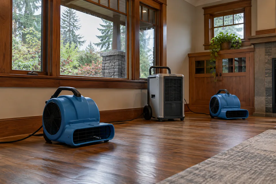 Professional air movers and dehumidifier in an empty room