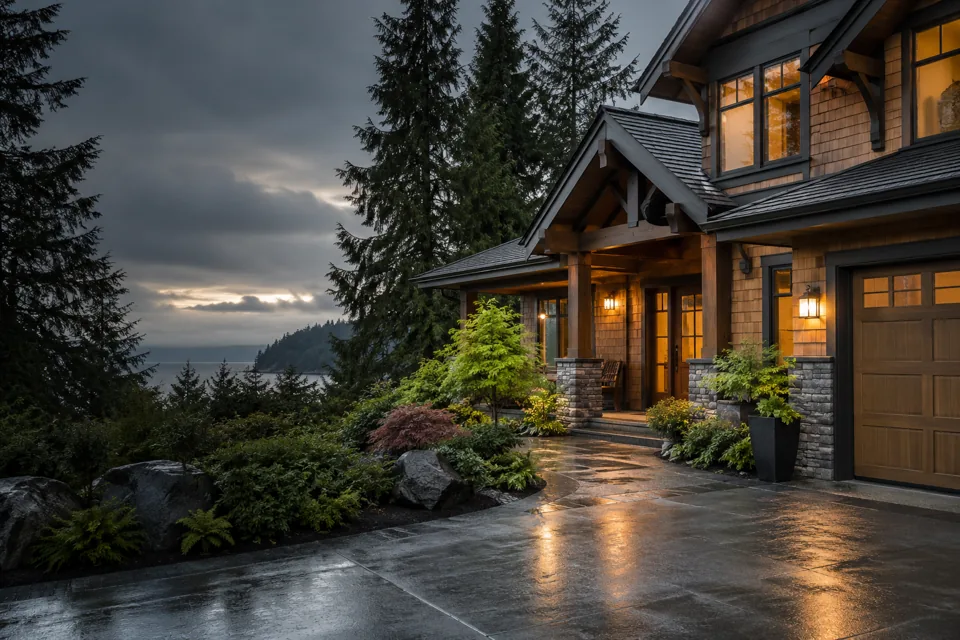 Damage Restoration Seattle WA website cover with Pacific Northwest craftsman home with cedar siding, broad eaves and rain-darkened planting