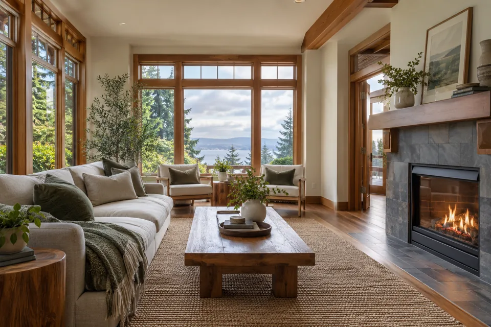 Bright unoccupied living room with pale walls and natural materials
