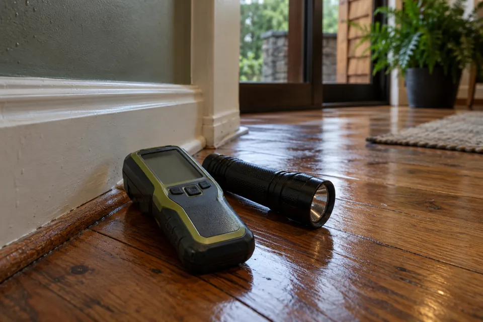 Moisture inspection meter and flashlight beside a baseboard