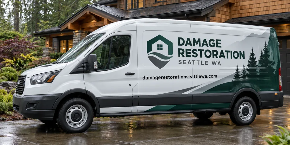 Damage Restoration Seattle WA branded van beside a home