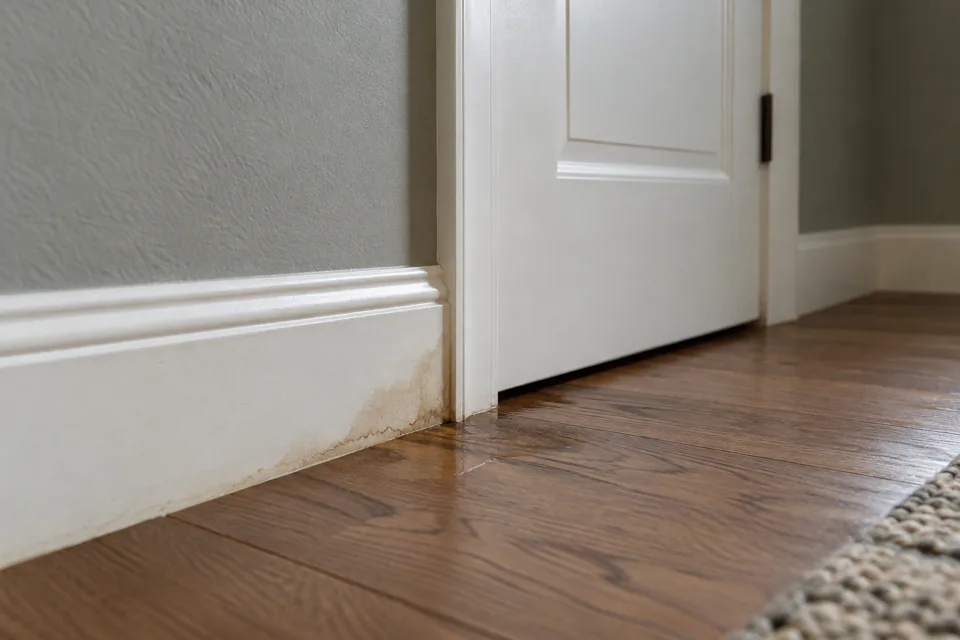 Localized moisture staining at a floor and baseboard